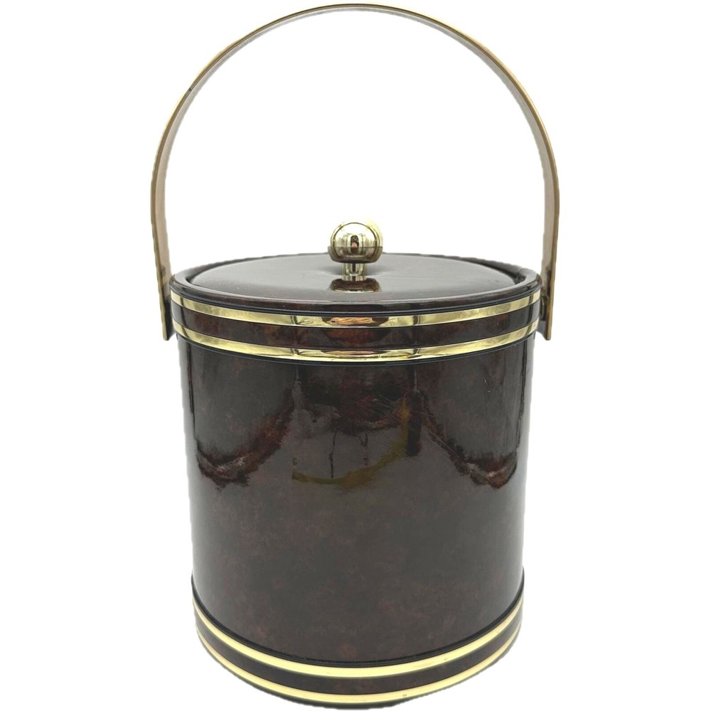 Vtg MCM Faux Tortoise Shell Brown Marbled Vinyl Padded Ice Bucket Handle Core